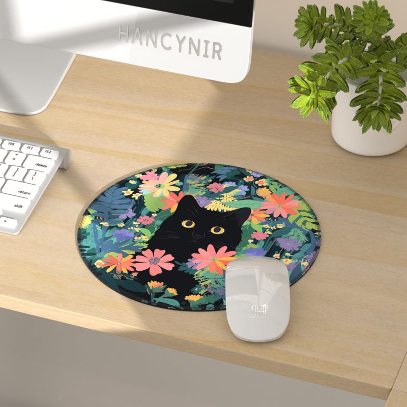 Hancynir Floral Black Cat Mouse Pad for Desk, Small Cute Mousepad with Non-Slip Base, Round Travel Mouse Pads for Wireless Mouse Laptop, Computer Mouse Mat for Gaming Home Office Desk Accessories - Image 2